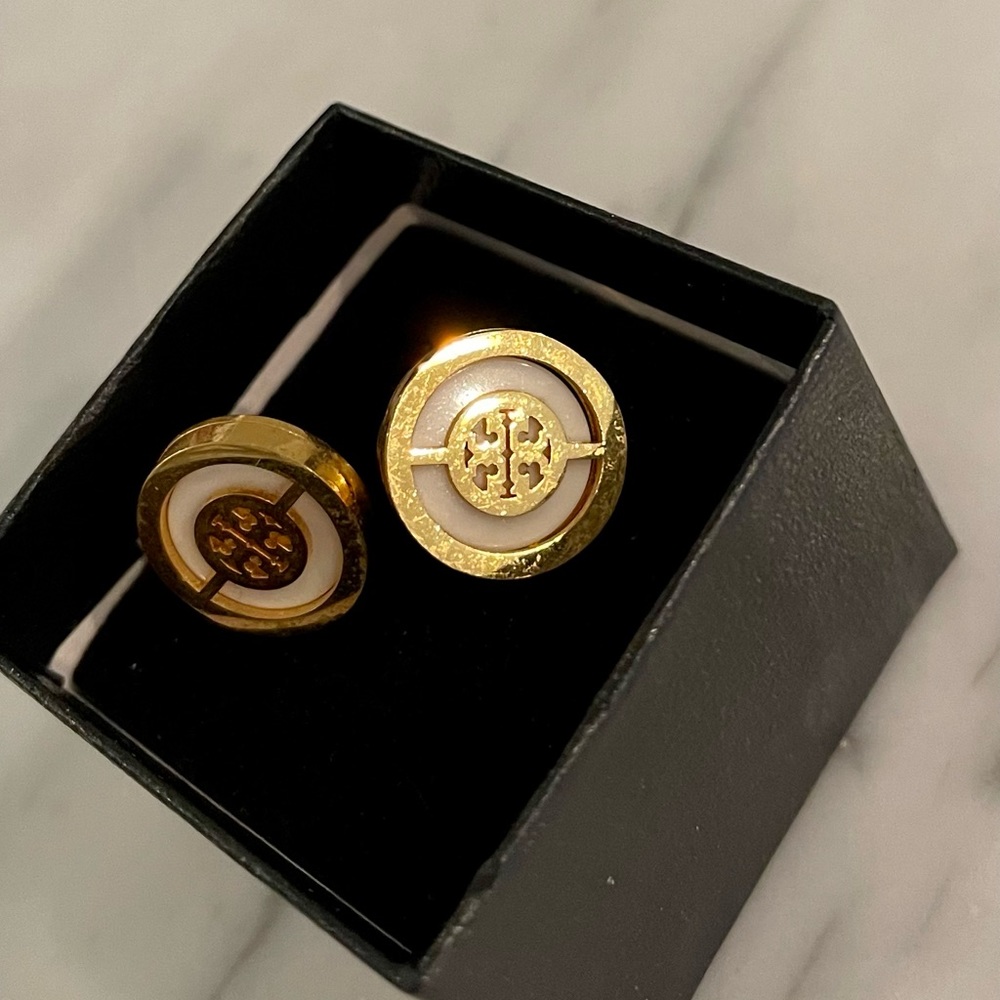 Tory Burch White and Gold logo earrings